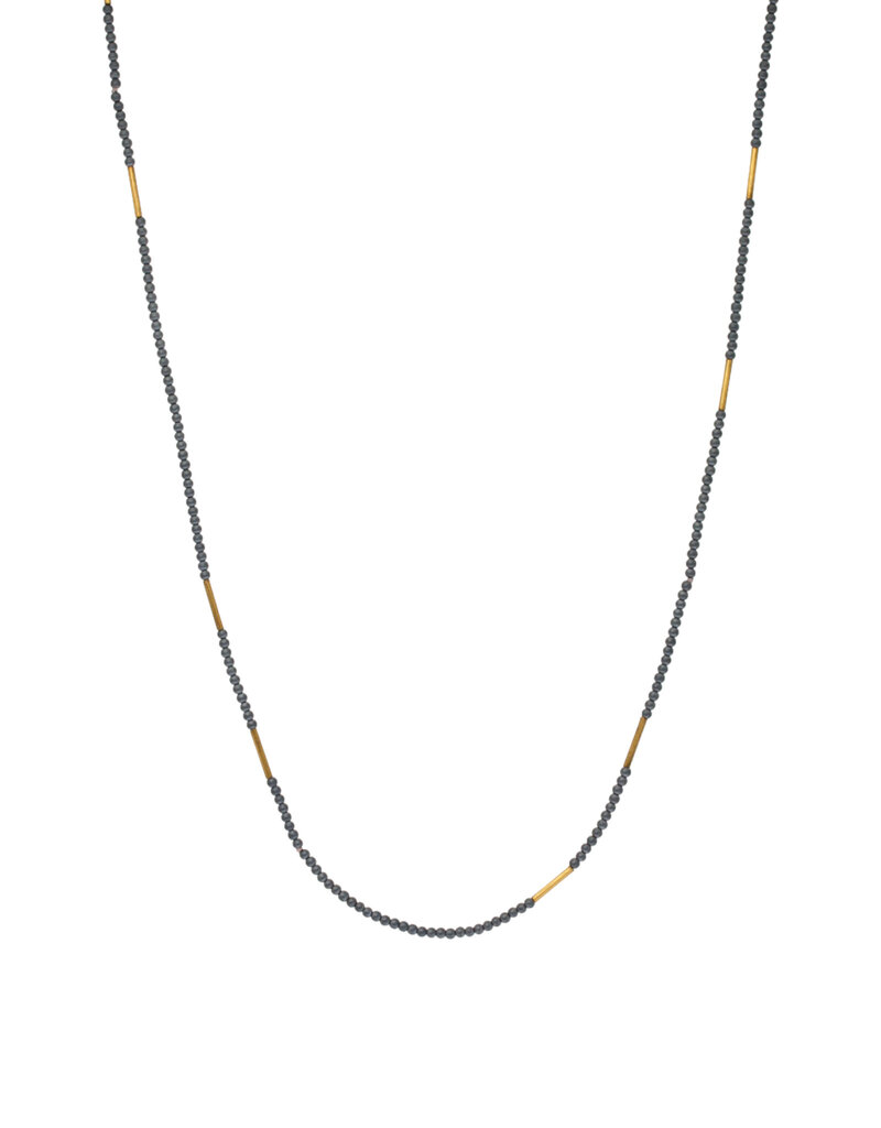 Matte Hematite Bead and Brass Tube Necklace with Oxidized Silver Clasp - 33"