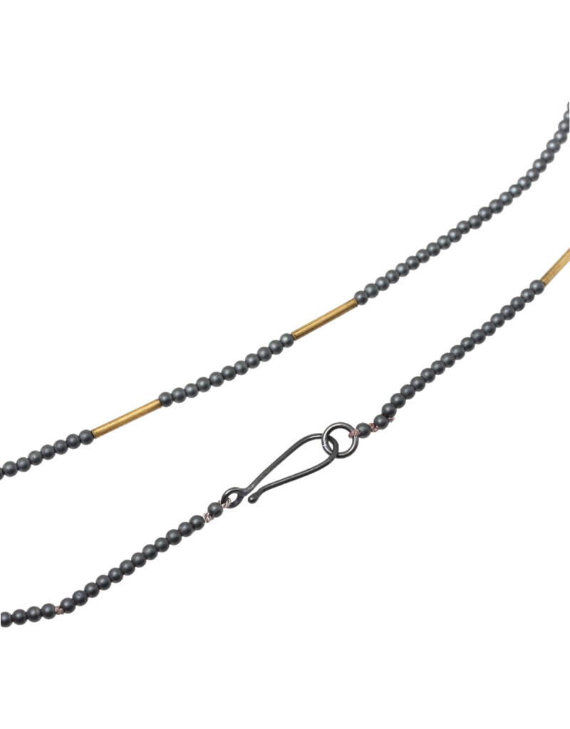 Matte Hematite Bead and Brass Tube Necklace with Oxidized Silver Clasp - 33"