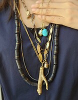 Double Strand Brass Heshi and Oxidized Silver Bead Necklace with Carabiner Clasp - 36"