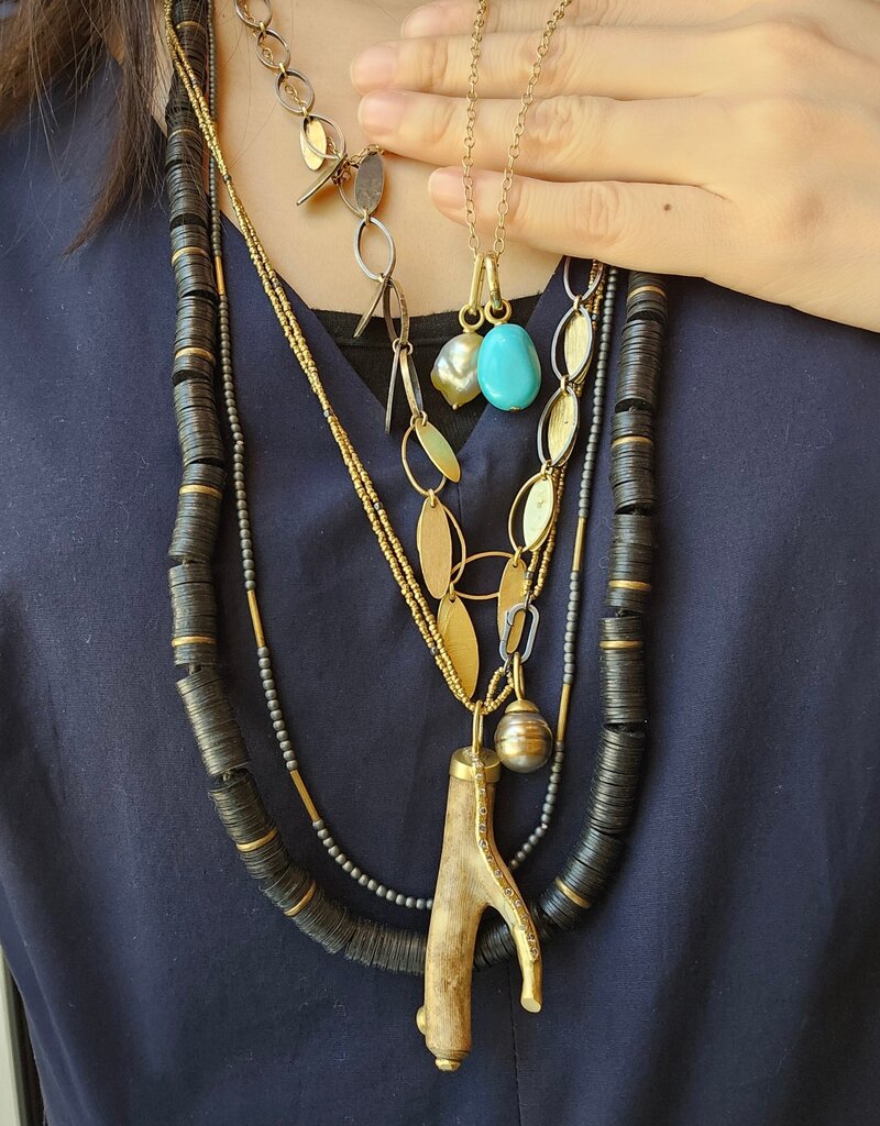 Double Strand Brass Heshi and Oxidized Silver Bead Necklace with Carabiner Clasp - 36"