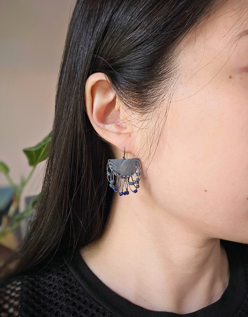 Lapis & Quartz Fringe Earrings in Oxidized Silver