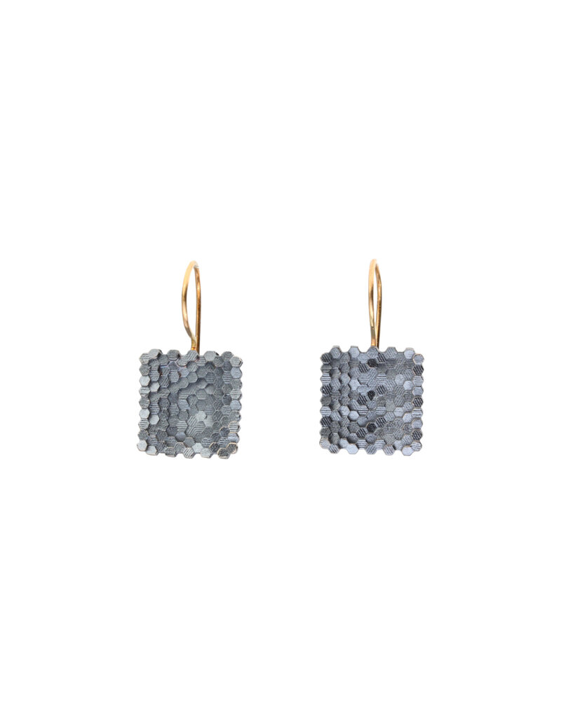 Concave Hex Square Earrings in Oxidized Silver and 14k Gold