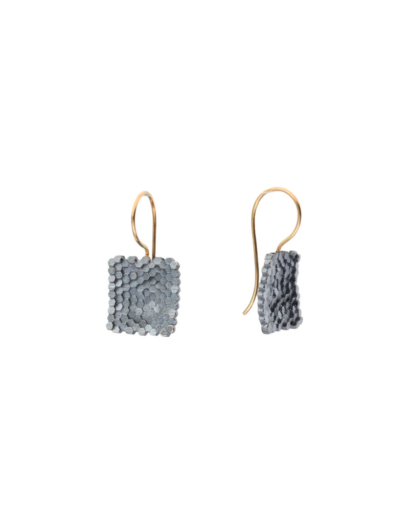 Concave Hex Square Earrings in Oxidized Silver and 14k Gold