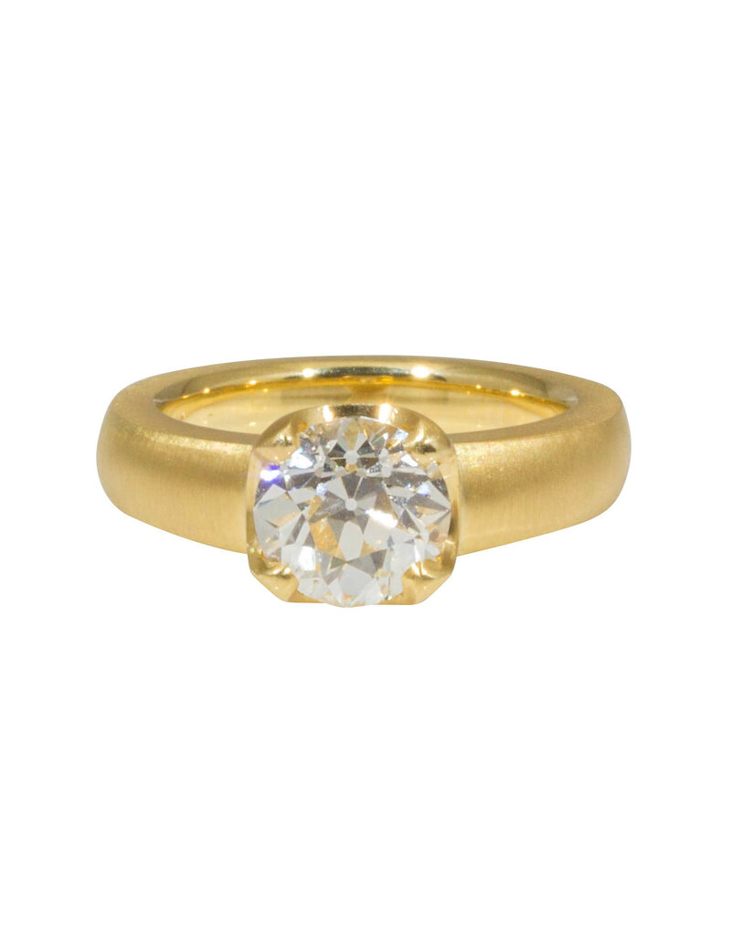 Scooped Prong Set Old European Cut Cushion Diamond in 18k Yellow Gold
