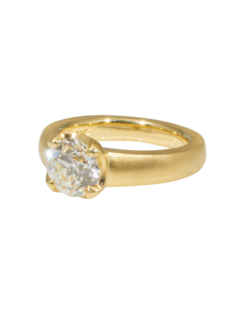Scooped Prong Set Old European Cut Cushion Diamond in 18k Yellow Gold
