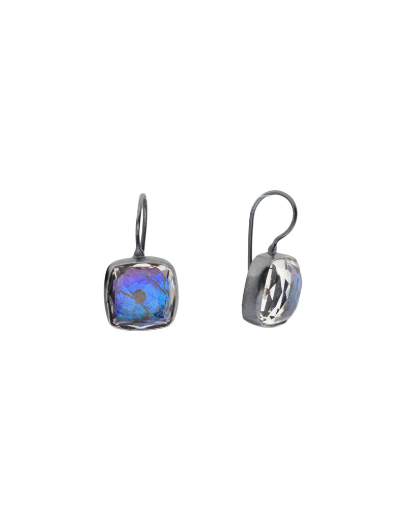 Rounded Square Rosecut Morpho Earrings in Oxidized Silver