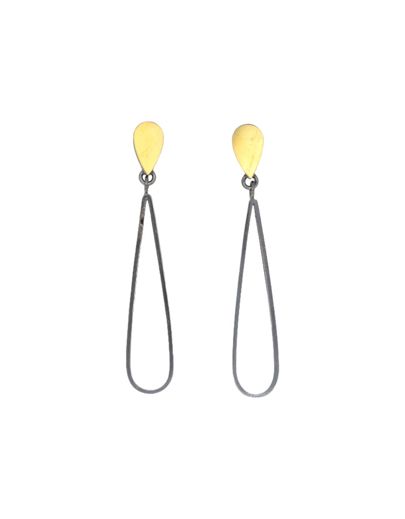 Teardrop Dangle Post Earrings with Open Teardrop in Oxidized Silver & 22k Bimetal