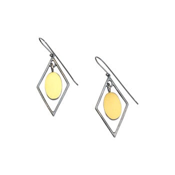 Oval in Diamond Frame Earrings in Oxidized Silver & 22k Gold