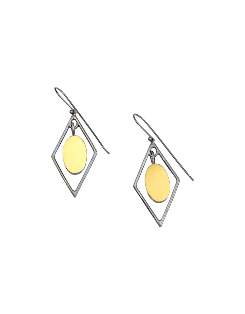 Oval in Diamond Frame Earrings in Oxidized Silver & 22k Gold