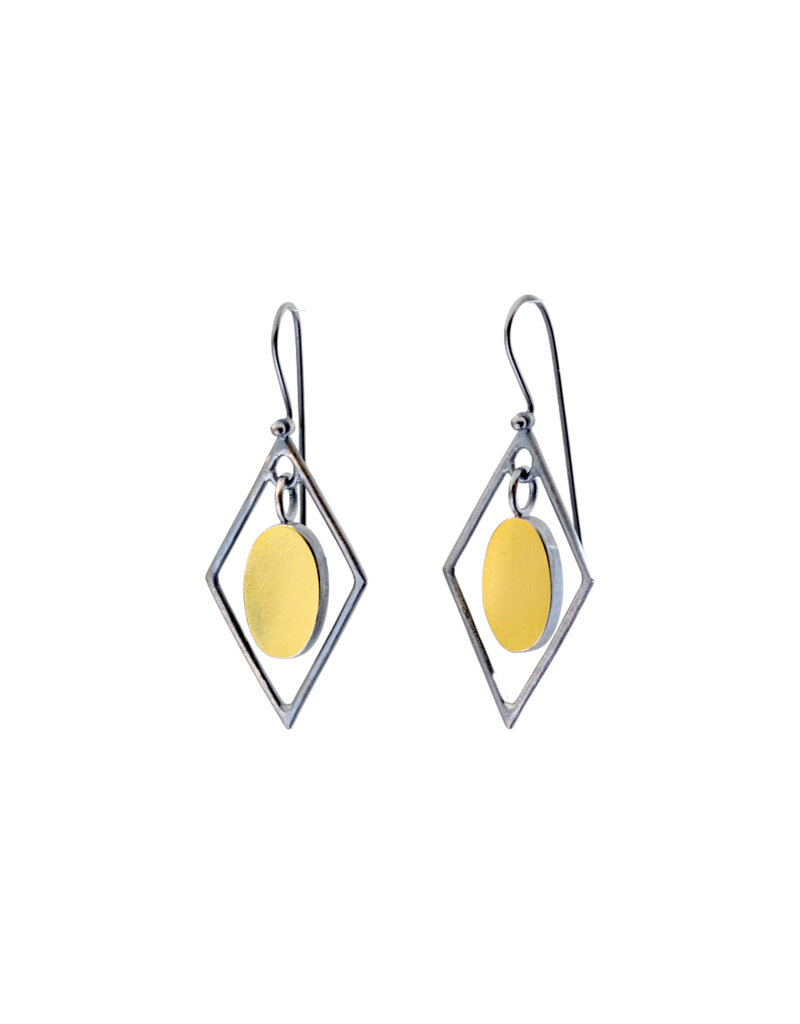 Oval in Diamond Frame Earrings in Oxidized Silver & 22k Gold