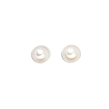 White Pearl Cup Post Earrings in Brushed Silver