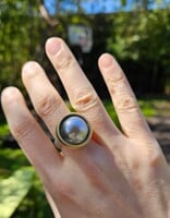 Textured Grey Pearl Ring in Silver and 18k Gold