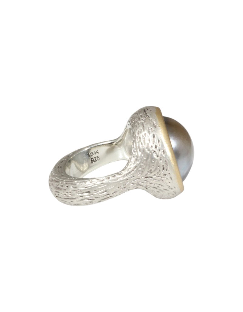 Textured Grey Pearl Ring in Silver and 18k Gold