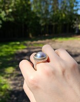 Textured Grey Pearl Ring in Silver and 18k Gold