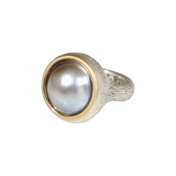 Textured Grey Pearl Ring in Silver and 18k Gold