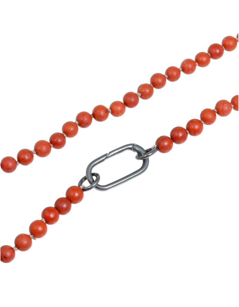 Matte Red Poppy Jasper 6mm Bead Necklace with Oxidized Carabiner - 20"