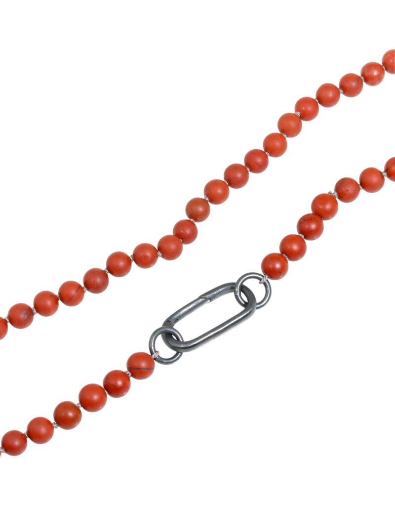 Matte Red Poppy Jasper 6mm Bead Necklace with Oxidized Carabiner - 31"