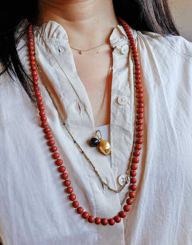 Matte Red Poppy Jasper 6mm Bead Necklace with Oxidized Carabiner - 31"