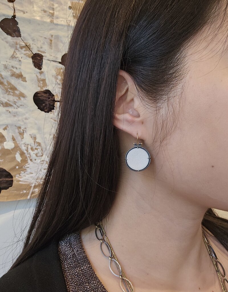 Small Round White Enamel Shield Earrings in Oxidized Silver with 14k Ear Wires