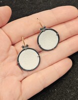 Small Round White Enamel Shield Earrings in Oxidized Silver with 14k Ear Wires