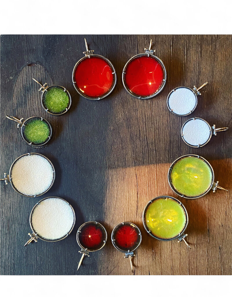 Small Round White Enamel Shield Earrings in Oxidized Silver with 14k Ear Wires