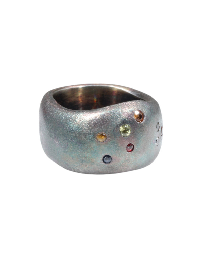 Constellation of Sagittarius Wide Band in Oxidized Silver with Blue & Caramel Candy Sapphires