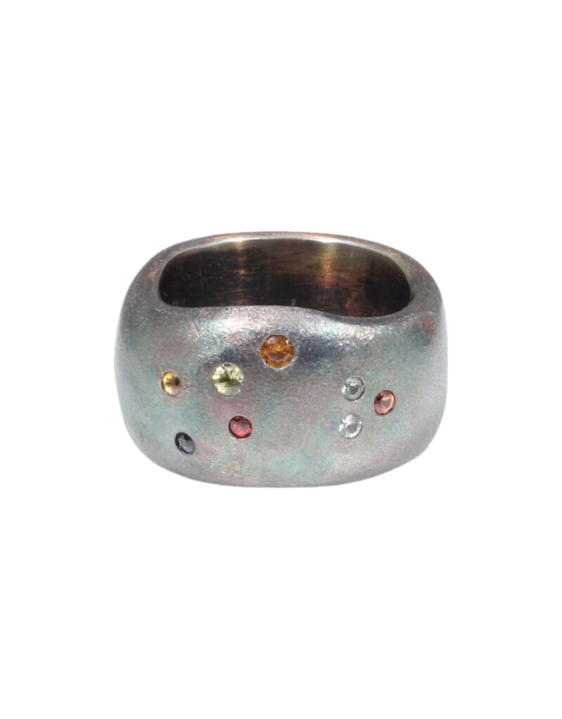 Constellation of Sagittarius Wide Band in Oxidized Silver with Blue & Caramel Candy Sapphires
