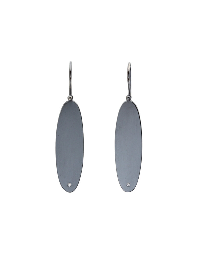 Long Oval Earrings with Diamonds in Oxidized Silver