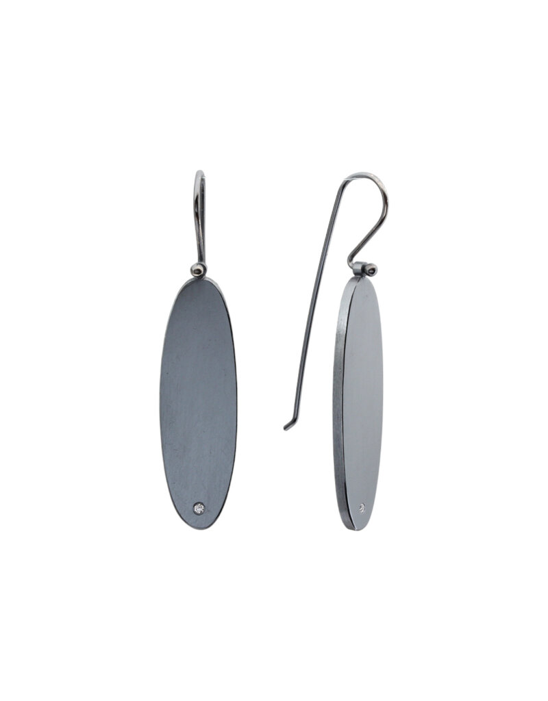 Long Oval Earrings with Diamonds in Oxidized Silver