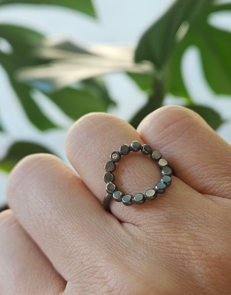 Curved Circle Ring in Oxidized Silver with Diamond