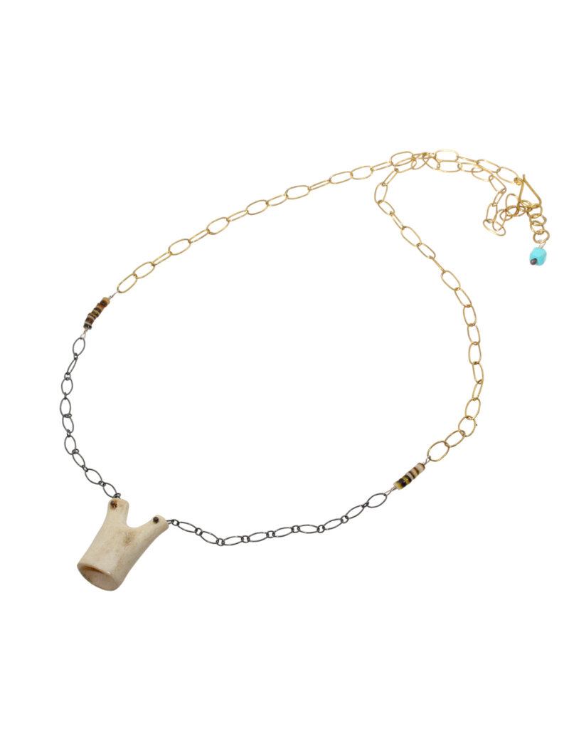 Organic Carved Antler Form Necklace with Turquoise & Mother of Pearl Beads
