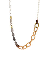 Carved Wood Link and Pearl Necklace with Antler, Turquoise, Silver and Brass Chain