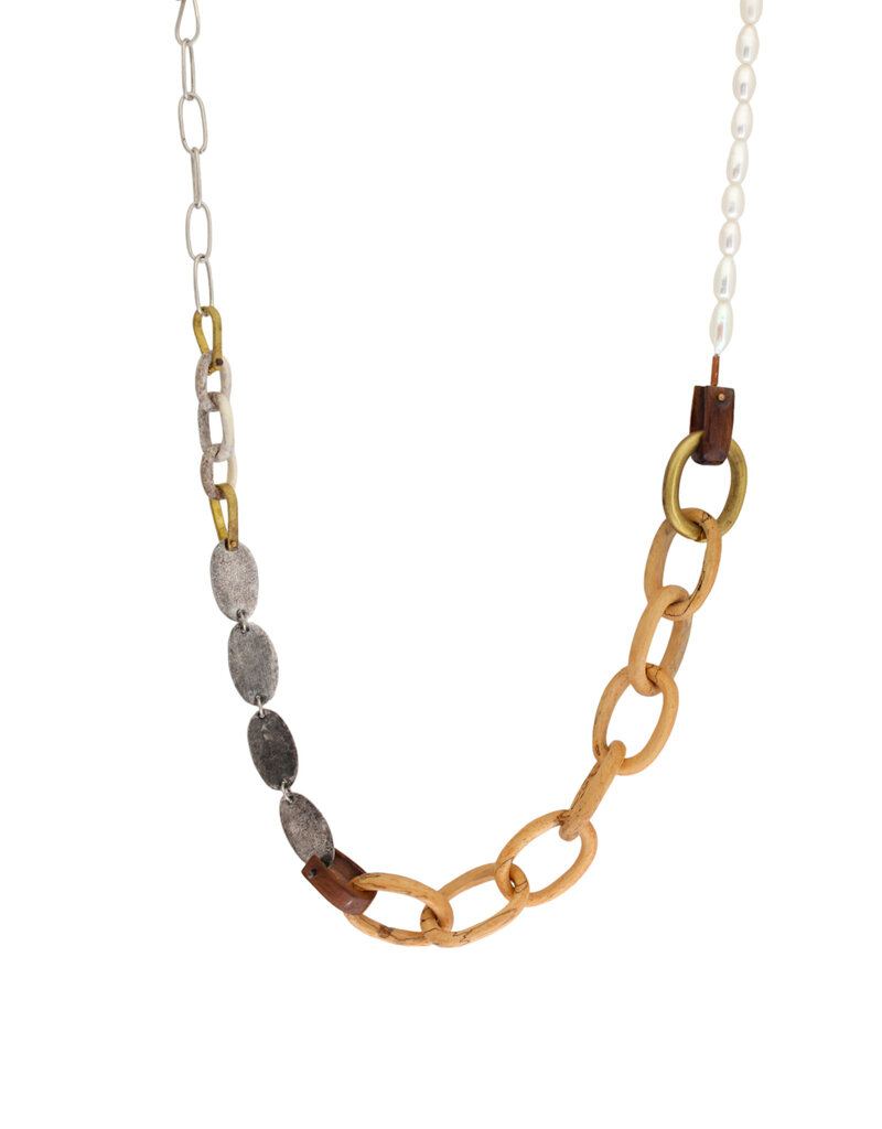 Carved Wood Link and Pearl Necklace with Antler, Turquoise, Silver and Brass Chain