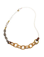 Carved Wood Link and Pearl Necklace with Antler, Turquoise, Silver and Brass Chain