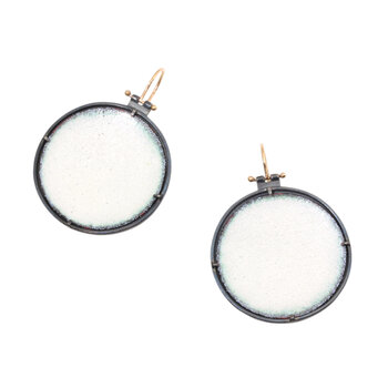 Large Round White Enamel Shield Earrings in Oxidized Silver with 14k Ear Wires