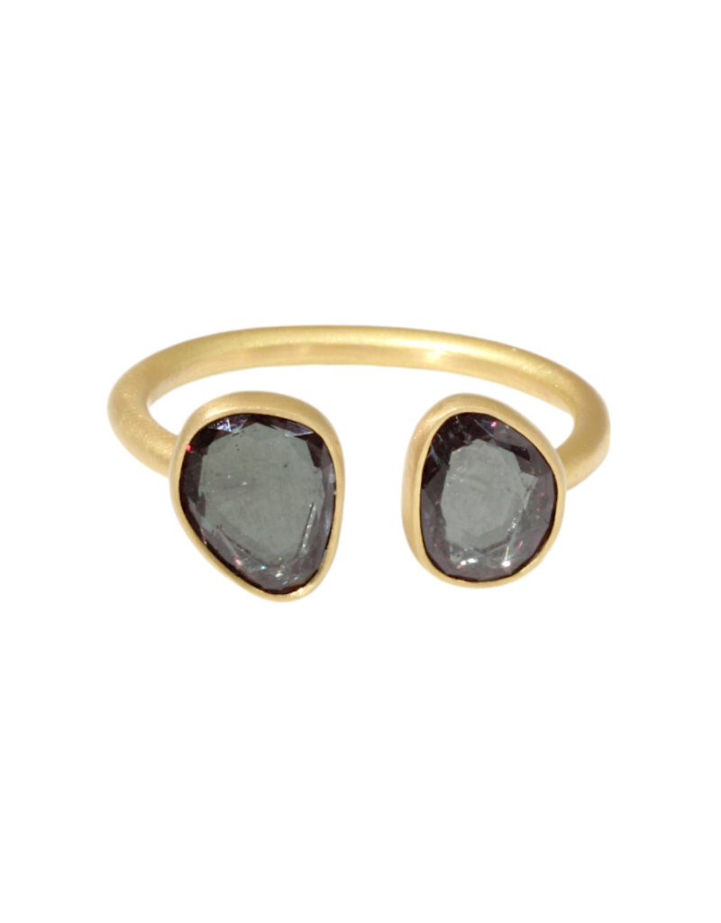 Open Double Organic Stormy Blue Grey Spinel Ring in 18K Gold - size 6.5