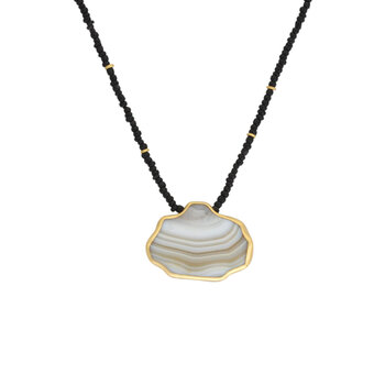 Antique Agate Pendant on Matte Black Bead and 18k Gold Necklace