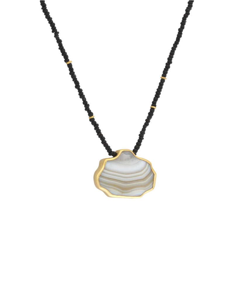 Antique Agate Pendant on Matte Black Bead and 18k Gold Necklace