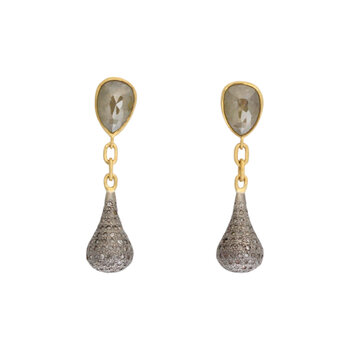 Rosecut Grey Diamond Drop Dangle Earrings with Pave Diamond Drops in 18k Gold and Oxidized Silver