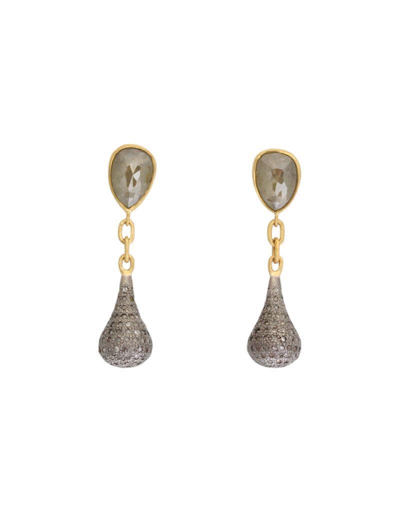 Rosecut Grey Diamond Drop Dangle Earrings with Pave Diamond Drops in 18k Gold and Oxidized Silver