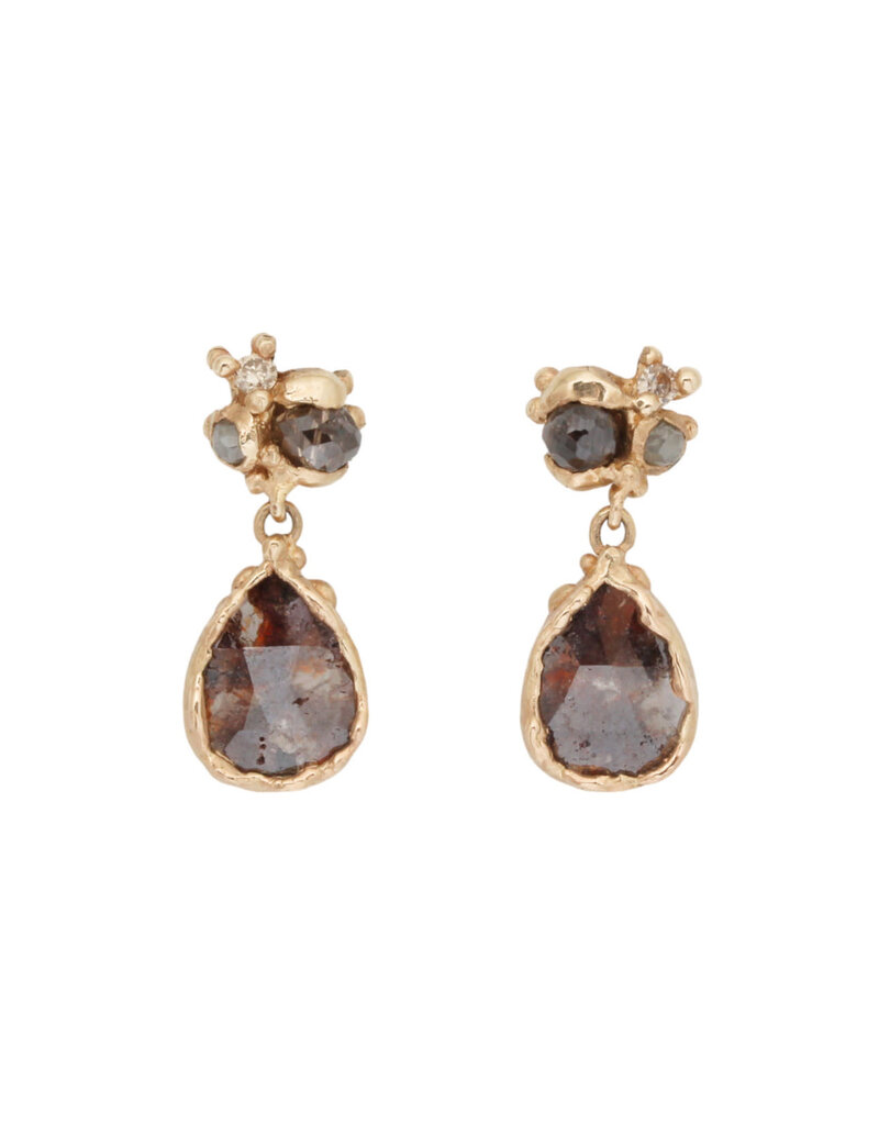 Raw Diamond Cluster and Salt and Pepper Diamond Dangly Post Earrings in 14k Yellow Gold