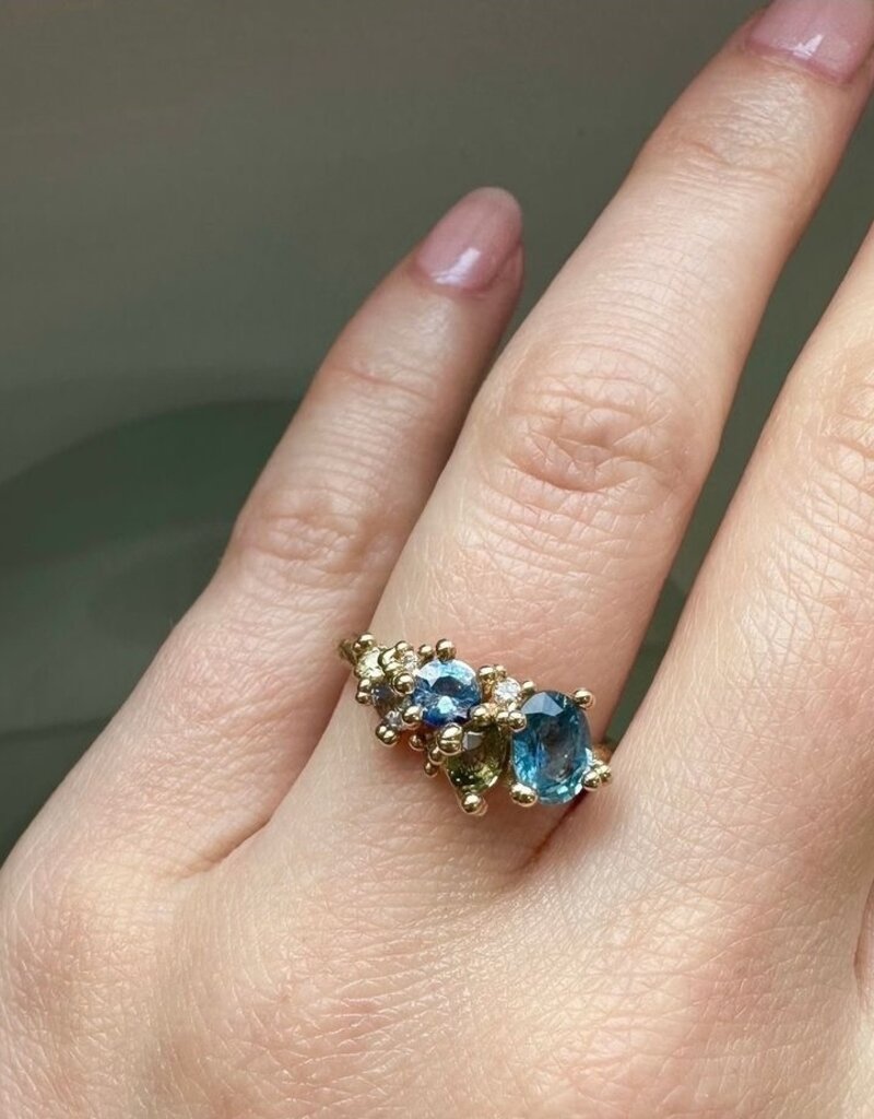 Mixed Sapphire and Diamond Tumbling Cluster Ring in 18k Yellow Gold