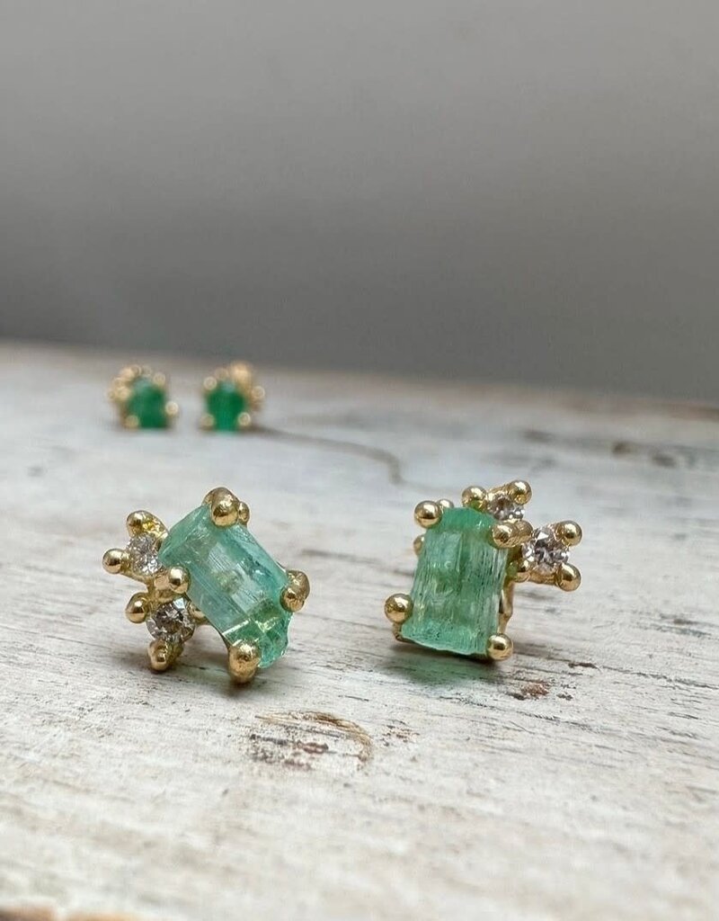 Raw Emerald and Diamond Encrusted Post Earrings in 18k Gold