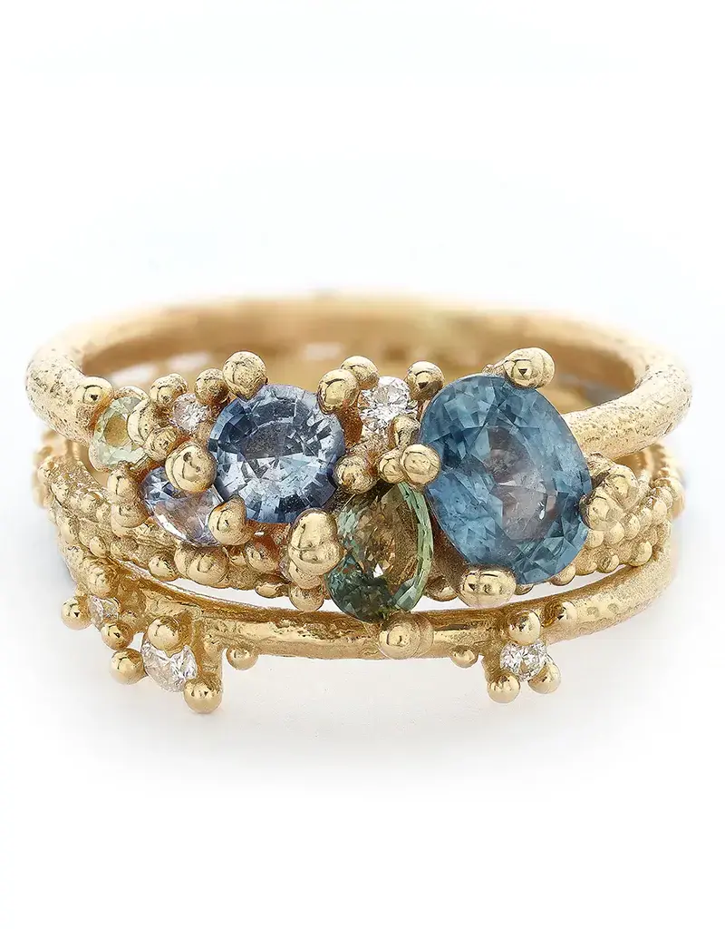 Mixed Sapphire and Diamond Tumbling Cluster Ring in 18k Yellow Gold