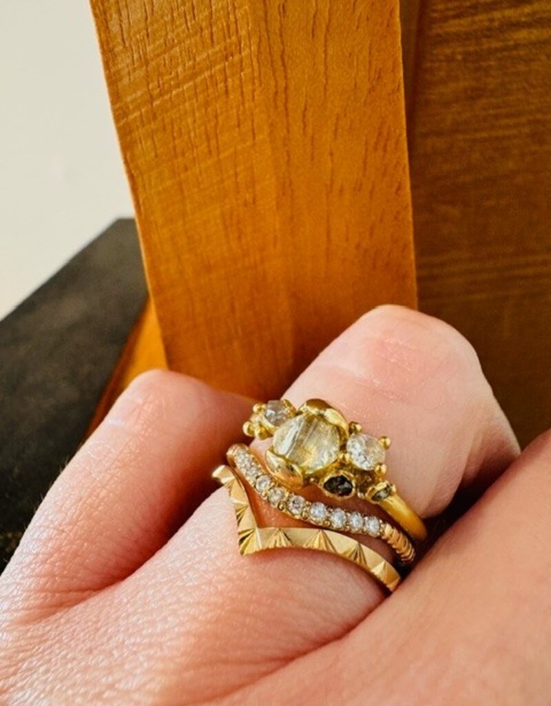 White Raw Diamond Cluster Ring  in 18k Yellow Gold