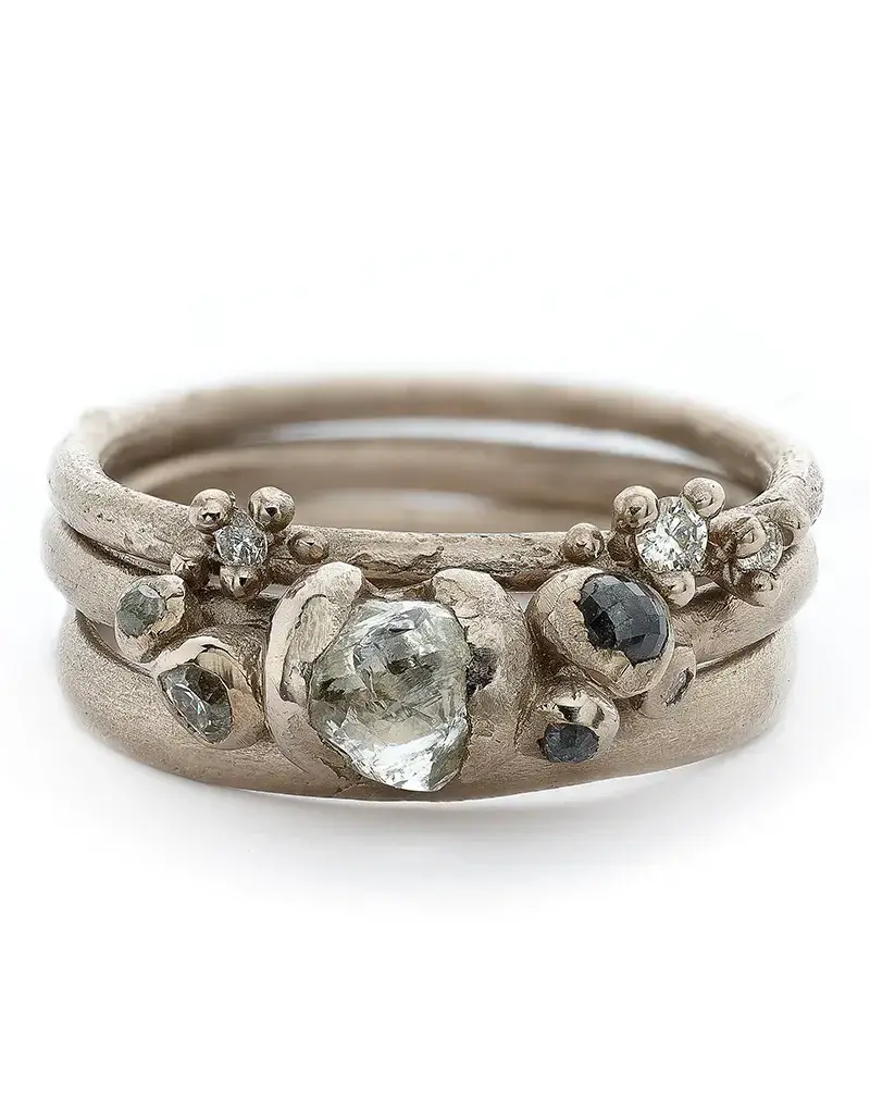 Raw Diamond Ring with Grey Diamonds in 18k White Gold