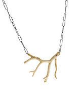 Horizontal Fossilized Coral Branch Necklace with 18k Gold, Grey Diamonds and Handmade Chain