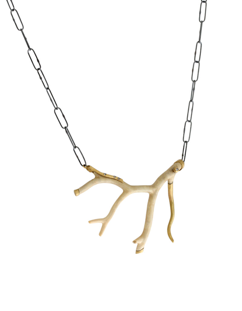 Horizontal Fossilized Coral Branch Necklace with 18k Gold, Grey Diamonds and Handmade Chain