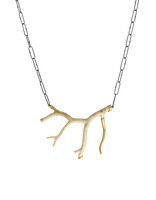 Horizontal Fossilized Coral Branch Necklace with 18k Gold, Grey Diamonds and Handmade Chain