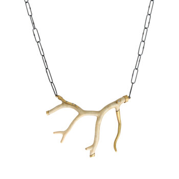 Horizontal Fossilized Coral Branch Necklace with 18k Gold, Grey Diamonds and Handmade Chain